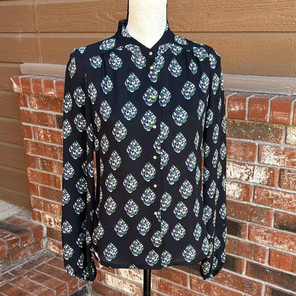 Diane von Furstenberg Silk Blouse Sz 2 Black Geometric Floral Button Up DVF Top